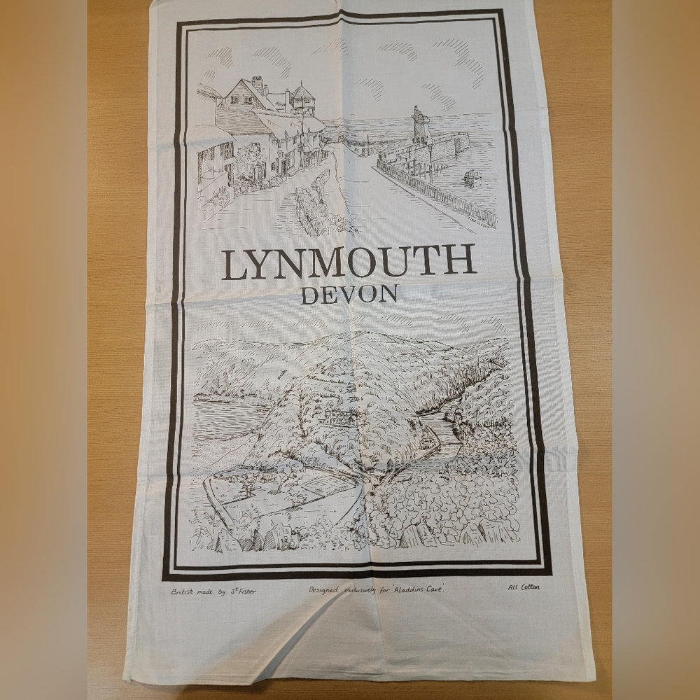 Vintage Lynmouth Devon Tea Towel – British Coastal Illustration